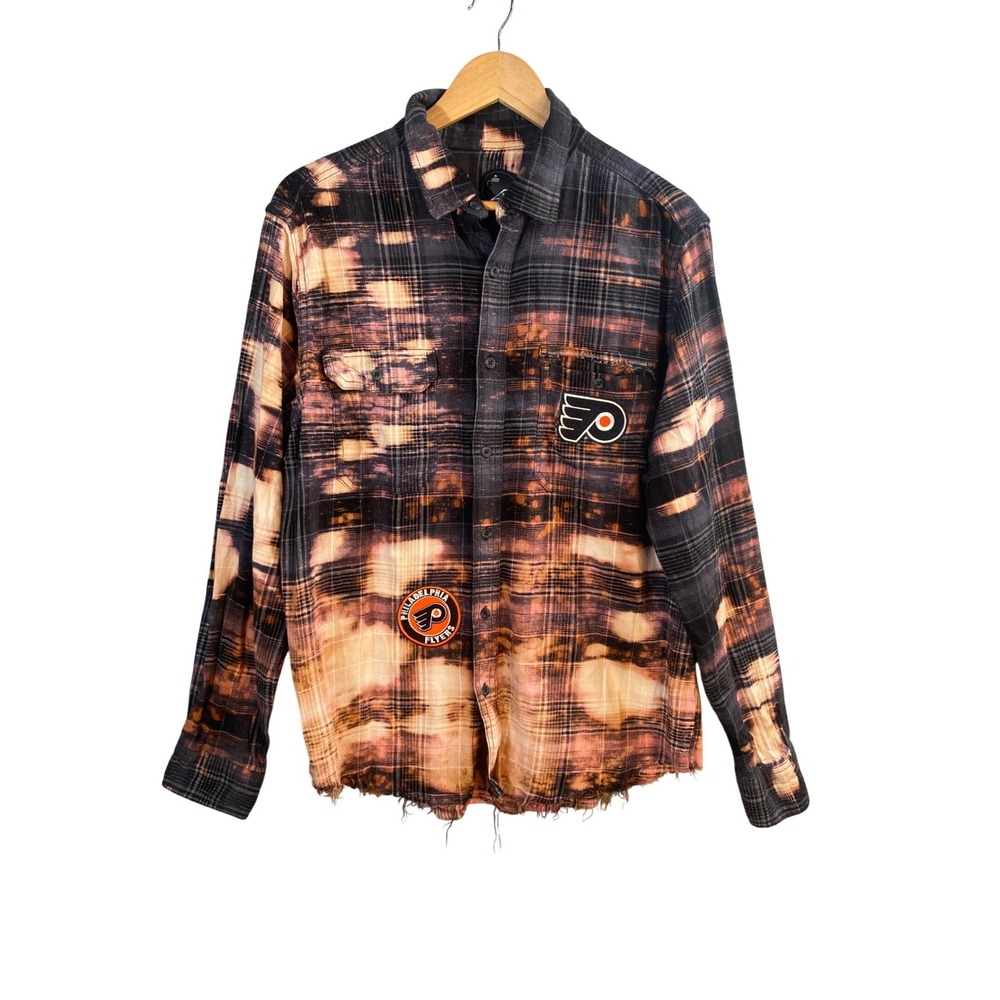 Bella U Philadelphia Flyers Flannel Mens Large Bleached Distressed Plaid Shirt